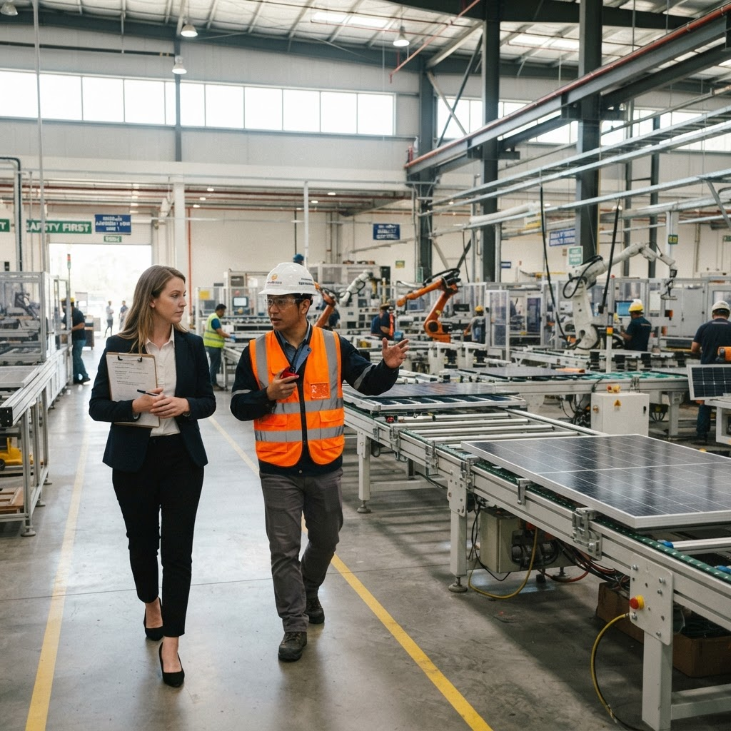 OpsVector consultant reviewing production line performance with a plant supervisor on the manufacturing floor
